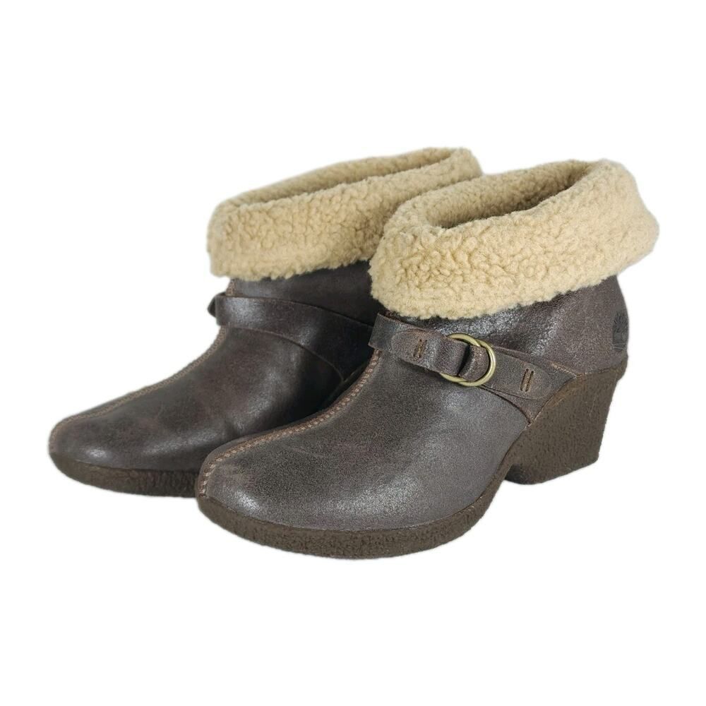 Timberland Women’s Bayden US9,5 Brown Leather Wedge Ankle Shearling Boots Bootie